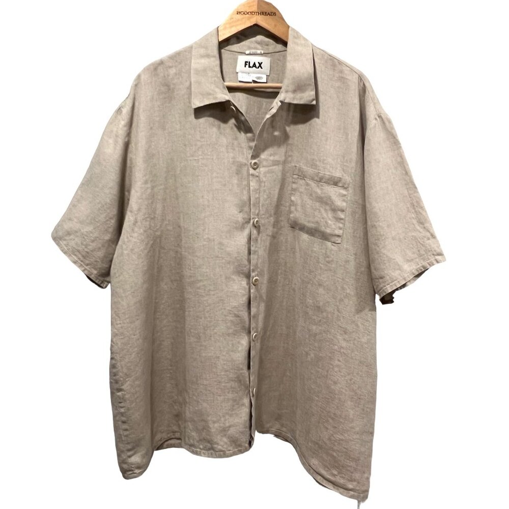 FLAX Linen Oversized Boxy Camp Shirt, Beige, L